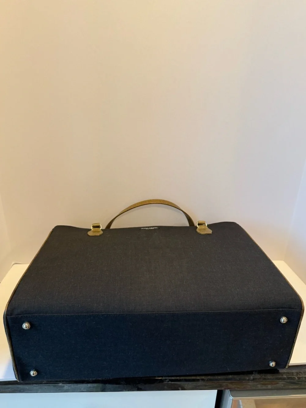 Vintage Kate Spade Black Linen Tote with Olive Lizard-Embossed Handles - Picture 6 of 7